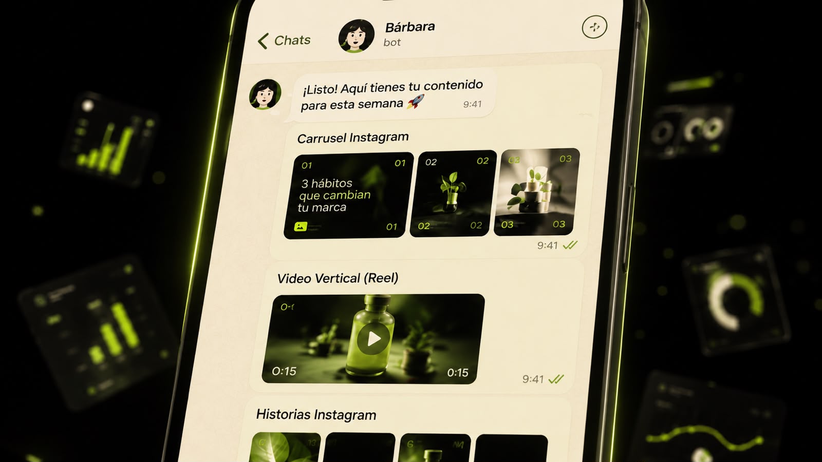 El contenido de la semana llegando al chat de Bárbara: carrusel, video vertical e historias
