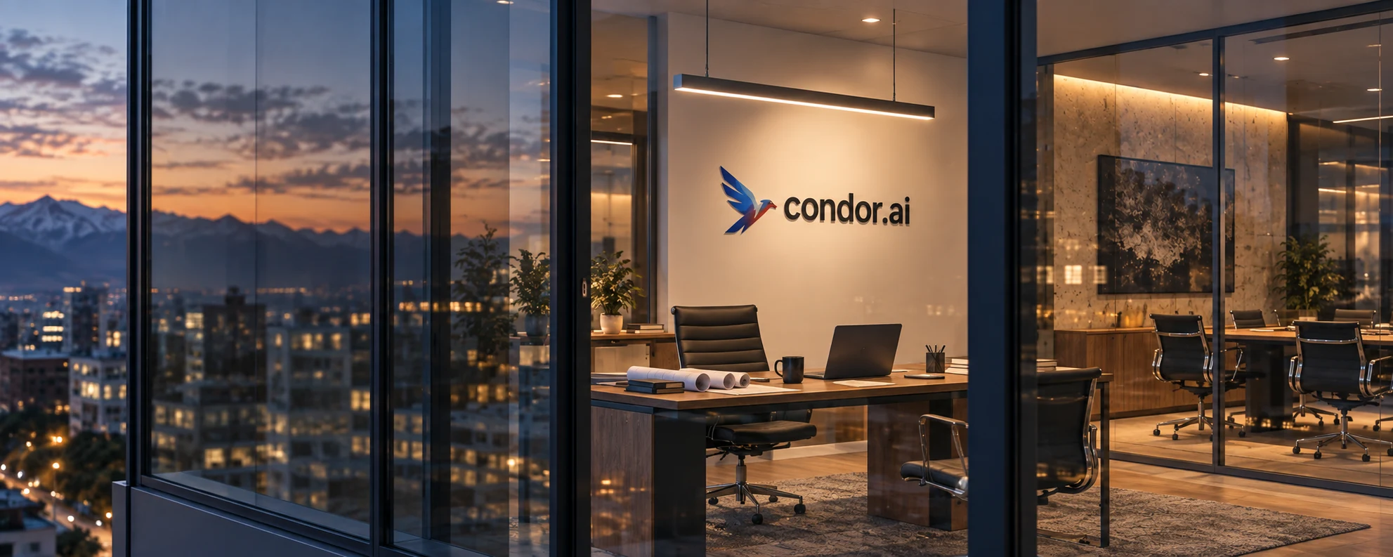 Visualización conceptual panorámica de una oficina Cóndor AI, con iluminación cálida, logo interior y reflejos del atardecer en el vidrio